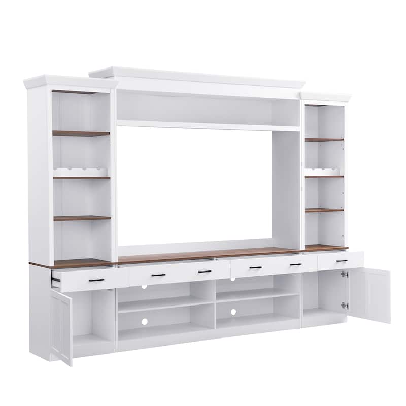 Roomfitters Mid-Century 4-Piece Entertainment Wall Unit with Bookshelves, TV Stand for TVs up to 70" withShelves and Wine Rack