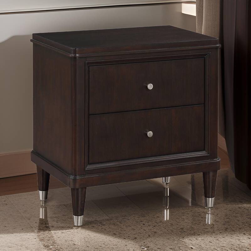 Amber Nightstand, 2 Drawers, Round Metal Knobs, Tapered Legs, Brown Wood