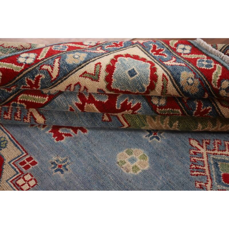 Light Blue Kazak Area Rug Living Room Hand-Knotted Wool Carpet - 6'8" x 9'9"