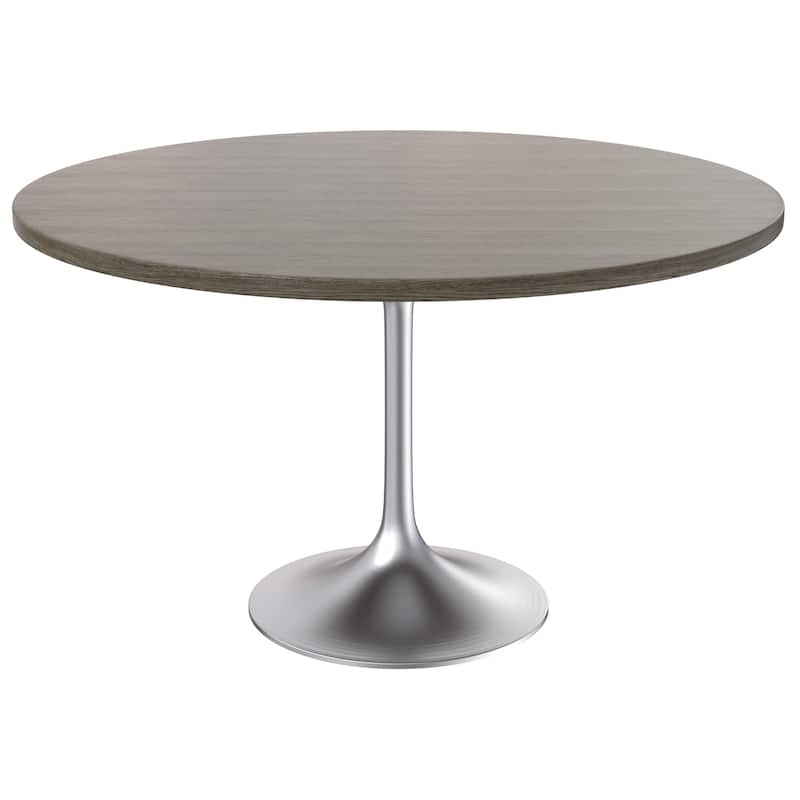LeisureMod Verve 48" Round Dining Table with MDF Wood TableTop and Brushed Chrome Base for Kitchen & Dining Room - Dark Maple