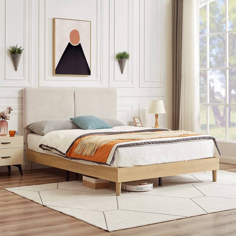 Javlergo Upholstered Bed Frame with Linen Fabric Adjustable Headboard, Strong Wood Slats Supports, No Box Spring Needed - Beige - Queen