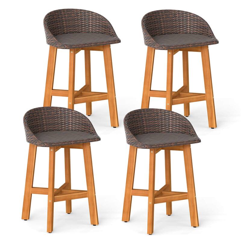 Costway Outdoor Faux Rattan Bar Chairs Set of 2/4 Solid Acacia Wood - See Details - Brown-4 PCS