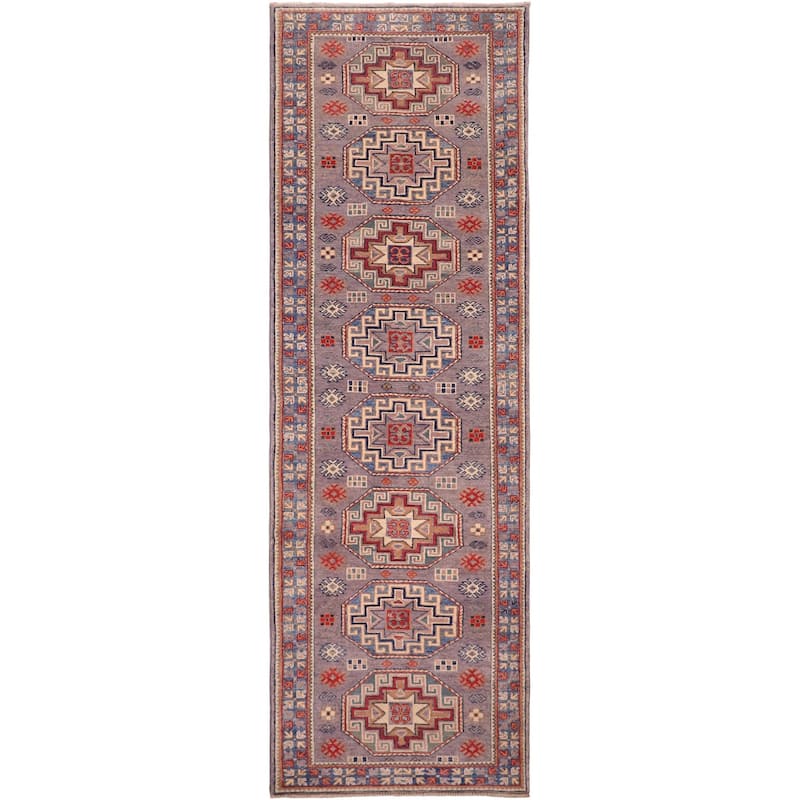 Southwestern Kazak Riley Gray/Light Blue Wool Runner - 2'7'' x 9'9''