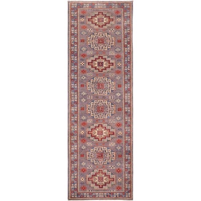 Southwestern Kazak Riley Gray/Light Blue Wool Runner - 2'7'' x 9'9''