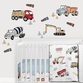 Construction Truck Peel and Stick Wall Decal Stickers Art Nursery Decor (Set of 4) - Grey Yellow Orange Red Blue Transportation
