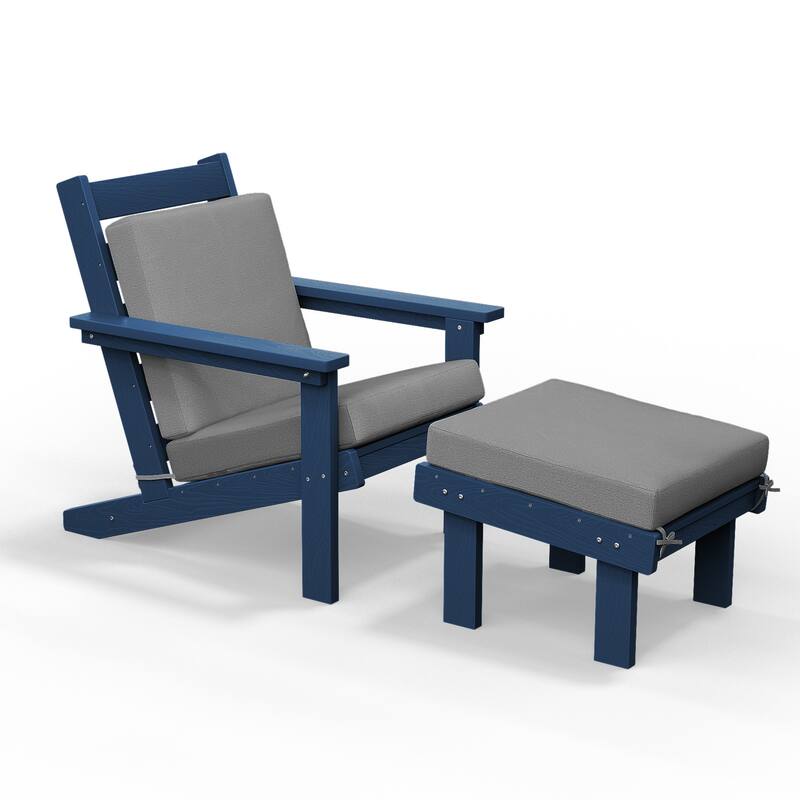 Outdoor Patio HDPE Chair Set with a Movable Ottoman & Removable Cushions - Navy