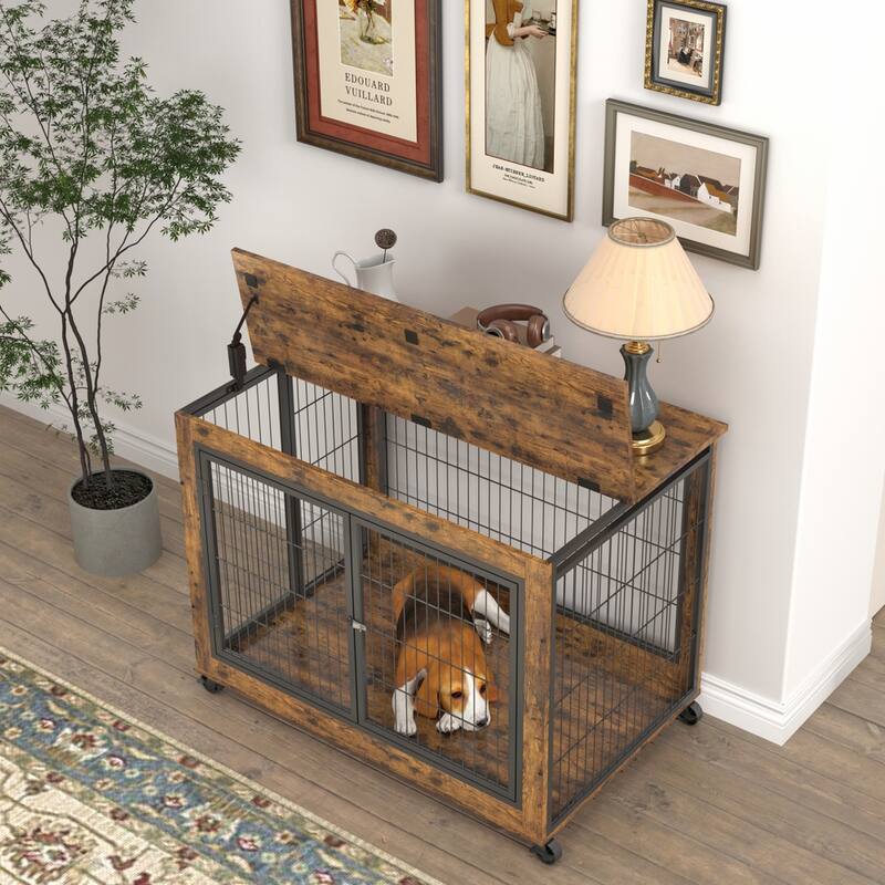 Wooden Dog Cage Crate Dog House with Double Doors on Casters