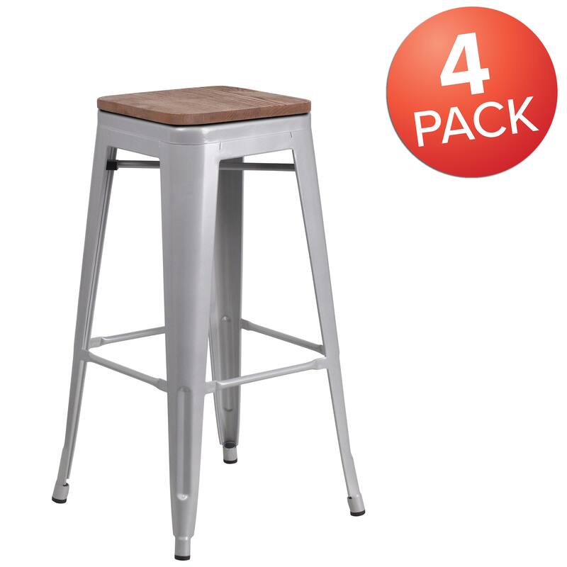 4 Pack 30" High Backless Metal Barstool with Square Wood Seat - Silver