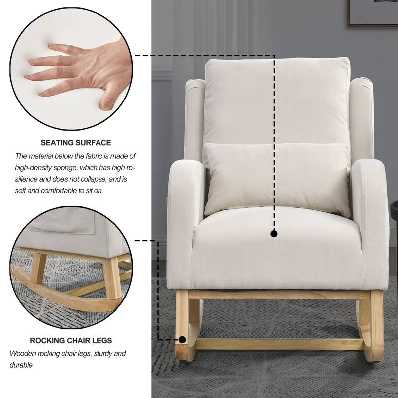 High Back Rocker Accent Chair with Wood Base, One Lumbar Pillow and Two Side Pockets
