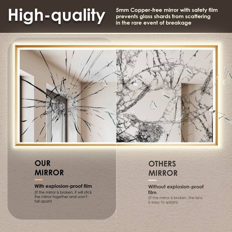 Apollo Rectangular Anti-Fog Dimmable Modern Bathroom/Vanity LED Lighted Wall Mirror in Brushed Gold Aluminum Framed