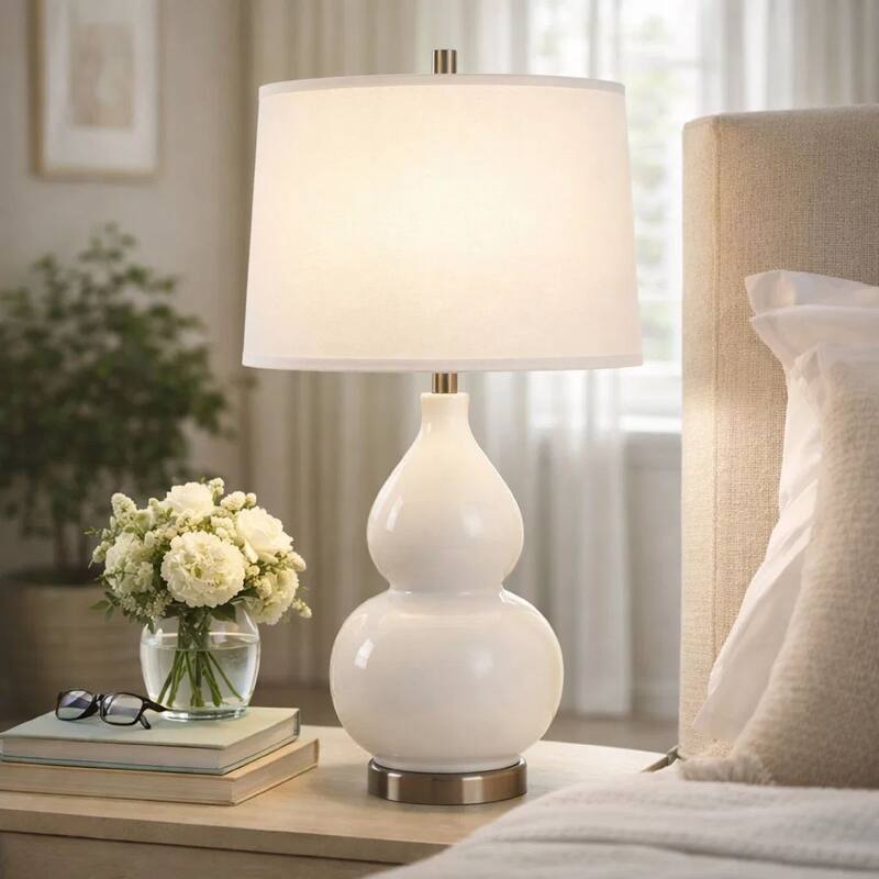Roe Table Lamp, White Linen Shade, White Gourd Ceramic Body, 26 Inch