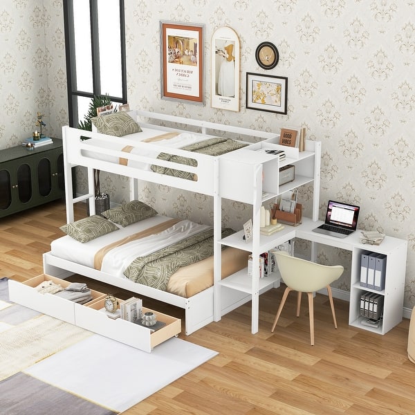 slide 2 of 8, Multifunctional Design Pine Wood+MDF Twin over Full Bunk Bed with Drawers, Shelves, Cabinets, L-shaped Desk and Magazine Holder. White