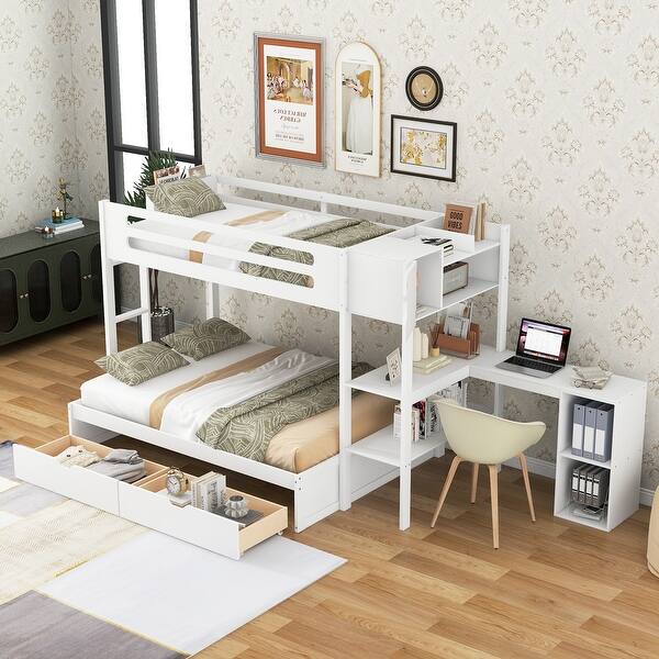 slide 2 of 16, Pine Wood Twin over Full Bunk Bed with Shelves, Desk and Drawers White