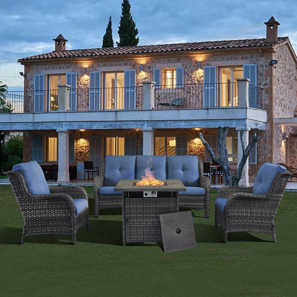 Gymojoy Patio Outdoor Wicker Sofa Set with Fire Pit Table