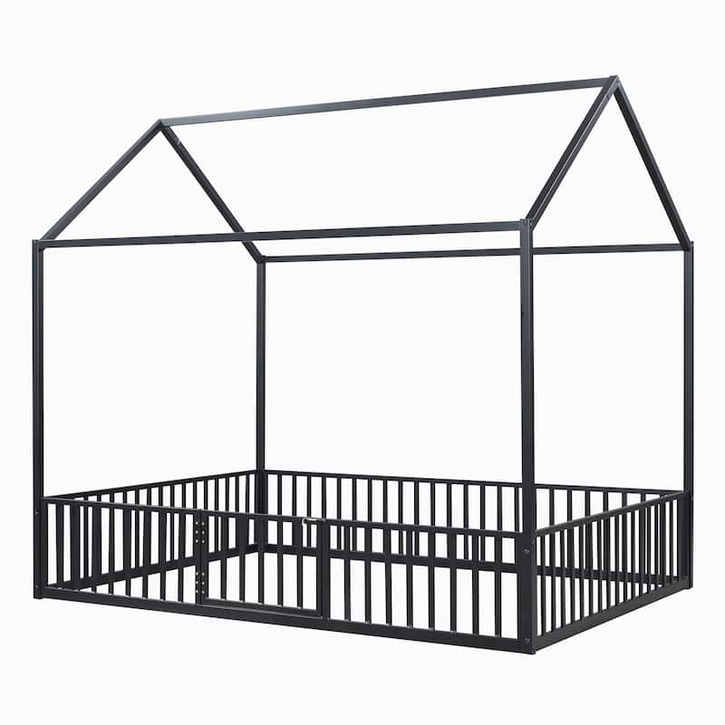 Black Full Size Metal House Bed with Fence, Roof, and Door for Kids' Bedroom