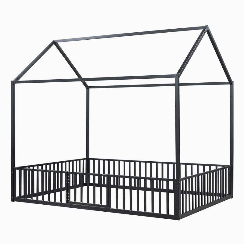 Black Full Size Metal House Bed with Fence, Roof, and Door for Kids