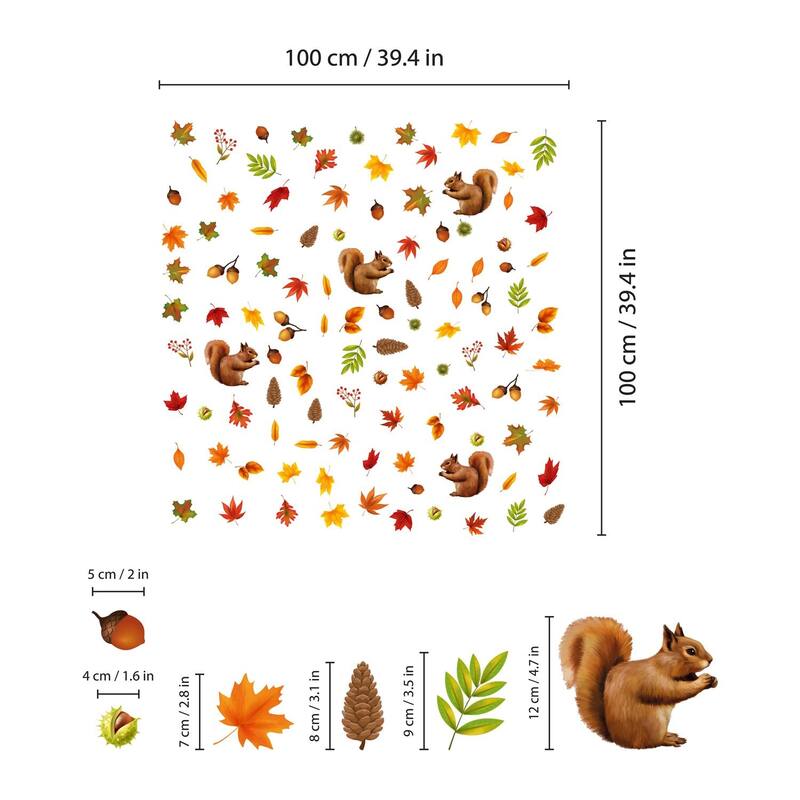 WALPLUS Autumn Leaves With Squirrel Thanksgiving Window Clings Window Decoration Double Sided Reusable Removable Electrostatics