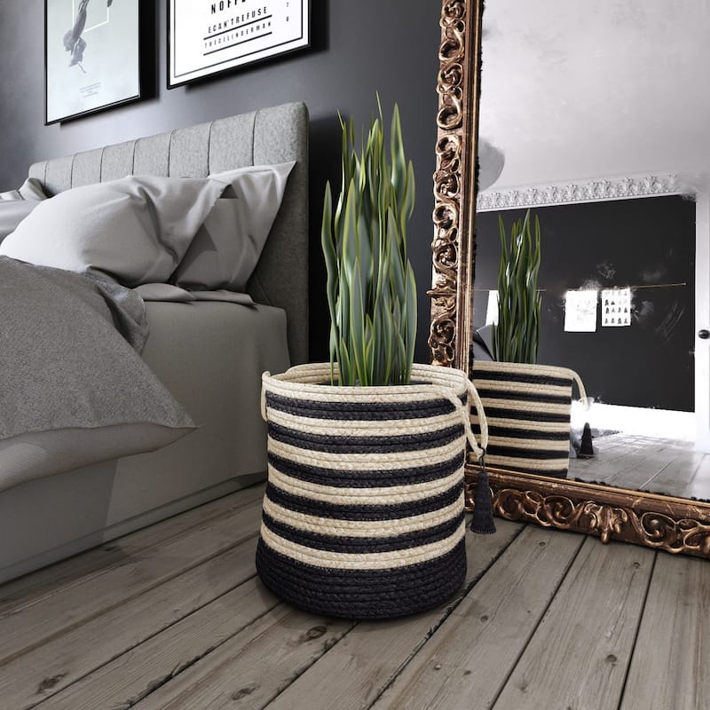 Sevita Striped Jute Hand-Stitched Storage Basket with Handles