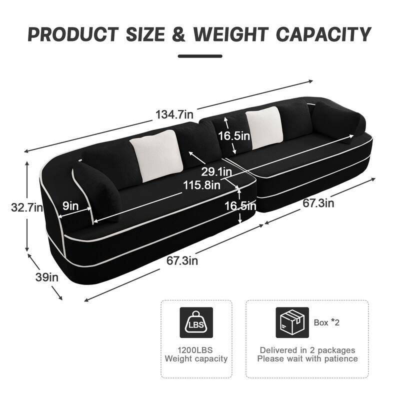 Roomfitters No Assembly Modular Sofa, 106 Inch Teddy Fabric Floor Couch with Chaise, Black