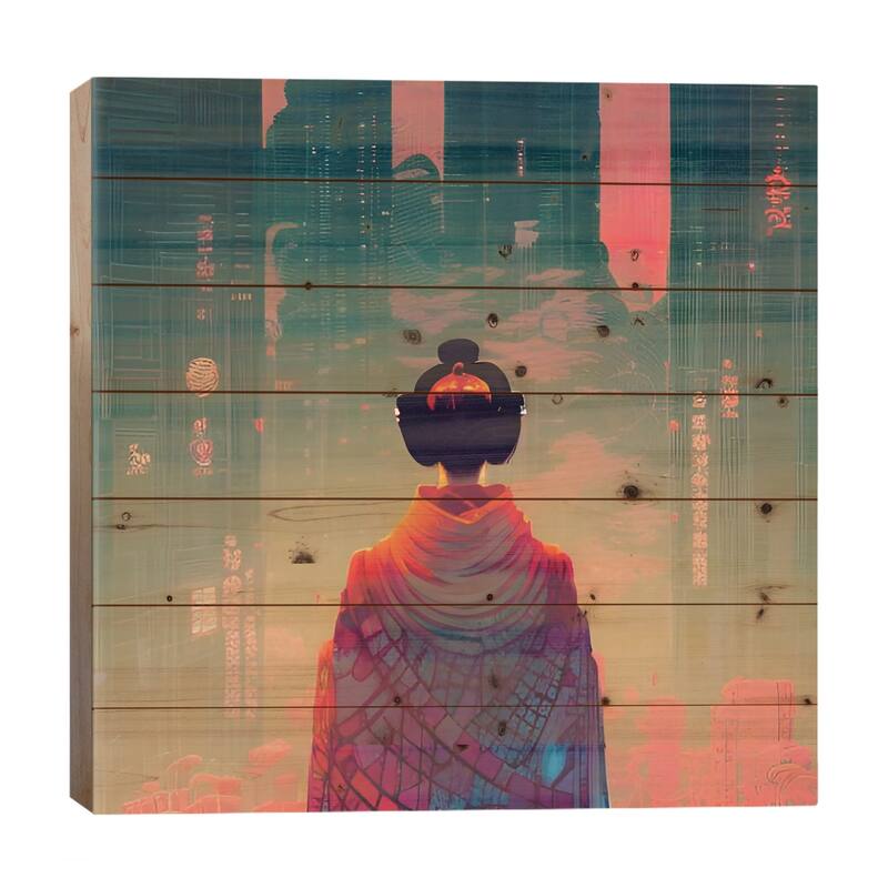 Geisha In A Cyberpunk City Ii Print On Wood by Alessandro Della Torre - Multi-Color - 26x26x1.5