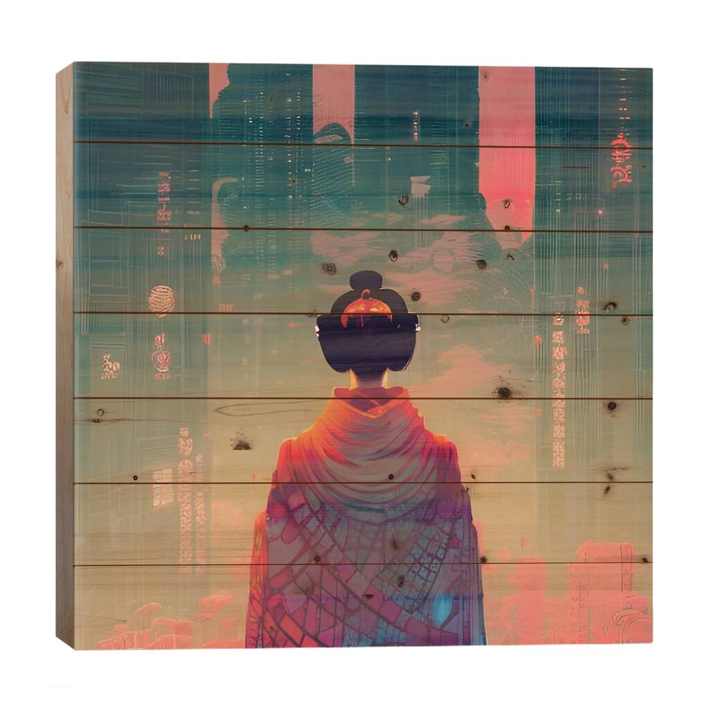 Geisha In A Cyberpunk City Ii Print On Wood by Alessandro Della Torre - Multi-Color