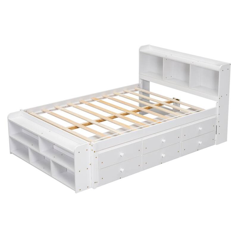 Bed with Bookcase Headboard and Under bed Storage Drawers