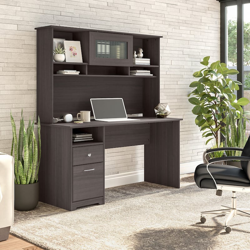 Cabot 60W Computer Desk with Hutch in Espresso Oak by Bush Furniture - Heather Gray