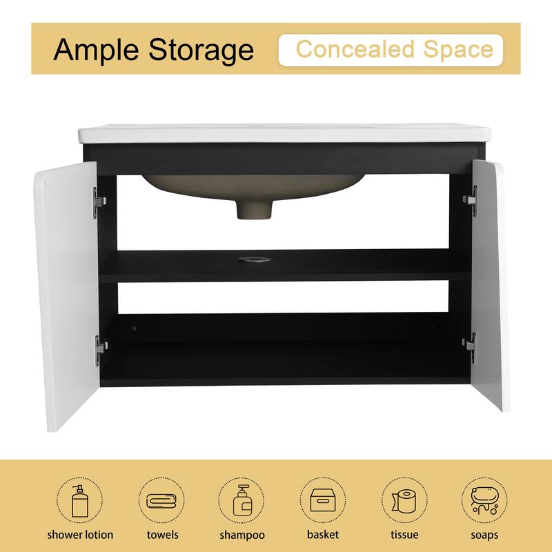 Malwee 32"/36"/40" Floating Bathroom Vanity with Sink, Wall Mounted Bathroom Vanity with Soft Close Doors and shelf