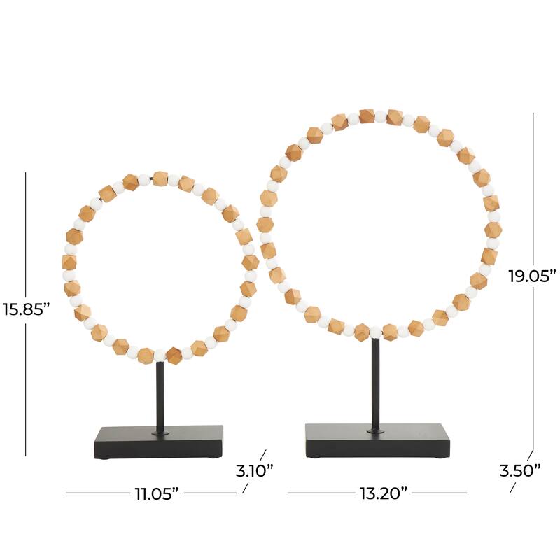 Wood Geometric Geometric Beaded Ring Sculpture with Black Metal Stands - Set of 2 Brown - Roche River Decor - 4"W x 13"L x 19"H
