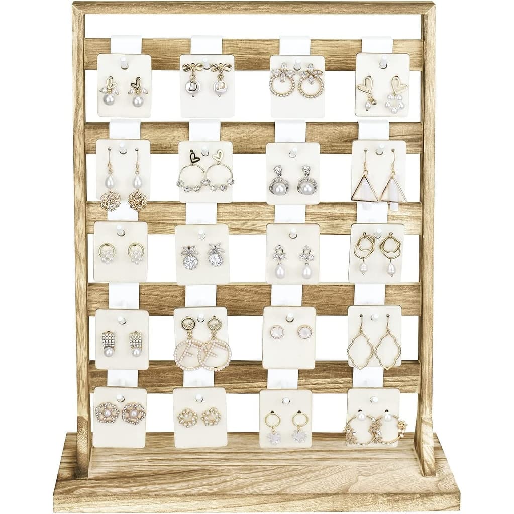 Wooden Jewelry Display Rack with 20 White Hooks