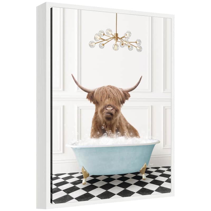 Kate and Laurel Sylvie Highland Cow in Blue Bathtub on Checker Floor Framed Canvas by Amy Peterson - White