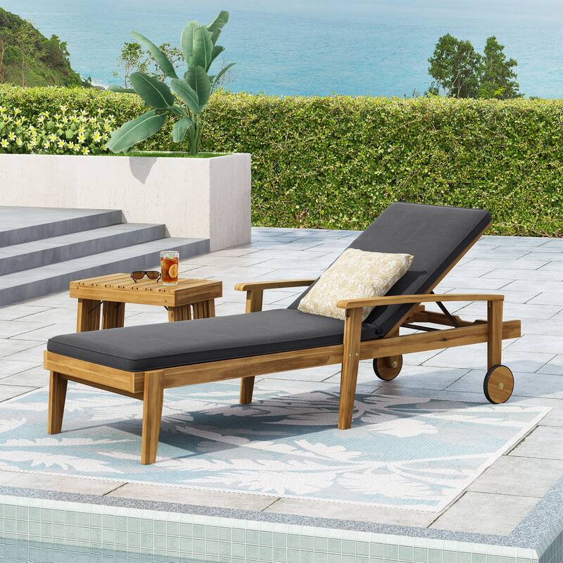 Roomfitters Jason Acacia Wood Outdoor Chaise Lounge with Cushion, Adjustable Recline