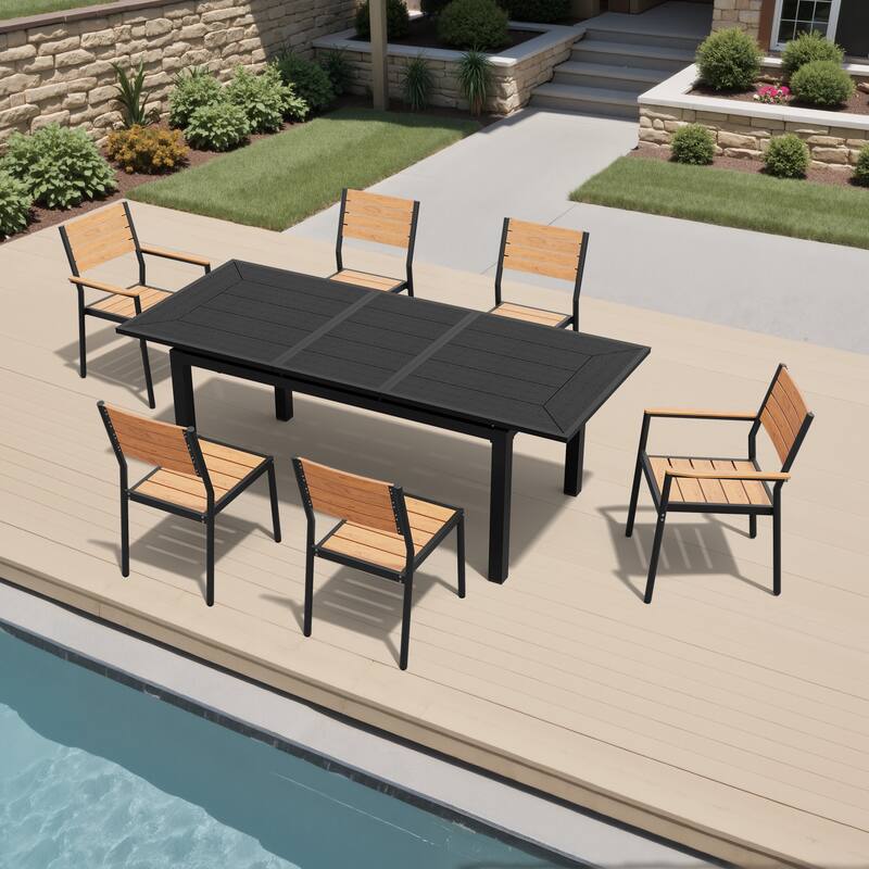 7-Piece Set Extendable Outdoor Aluminum Dining Table with Stackable Chairs - Brown