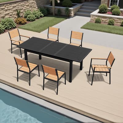 7-Piece Set Extendable Outdoor Aluminum Dining Table with Stackable Chairs