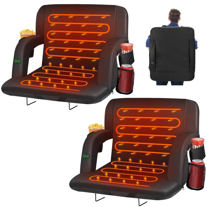 Black 2pcs Dual-Sided Heated Stadium Seats for Bleachers with Back Support, 3 Levels Heating Stadium Seating for Bleachers Seat - 25"