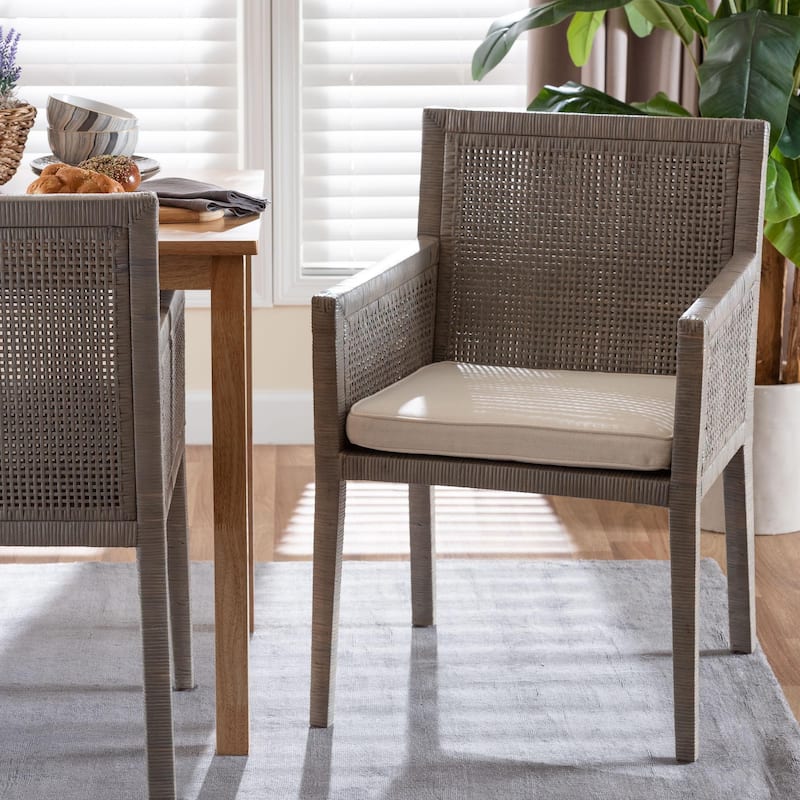 Karis Rattan Dining Chair - Handwoven Wicker Armchair with Mahogany Wood, Coastal Boho Style Indoor Seating - French Grey