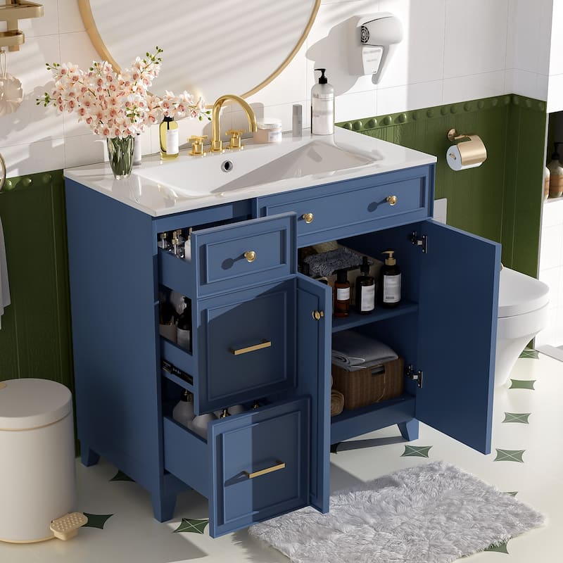 36" Bathroom Vanity with Ceramic Sink, Standard and Double-Layer Drawers, Soft Close Doors, Adjustable Shelves