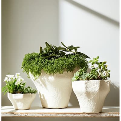 Pottery Garden Planter Textured Design (Set of 3) - 12/16/20" Ivory - 20" x 20" x 18"