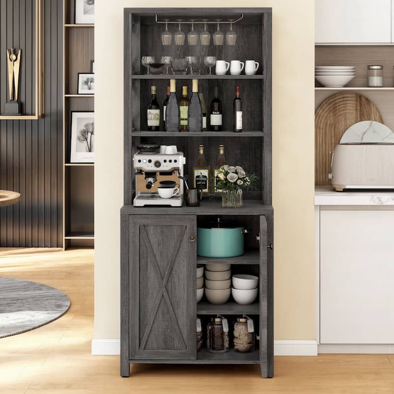 67" Tall Farmhouse Kitchen Coffee Bar Cabinet with Adjustable Shelves