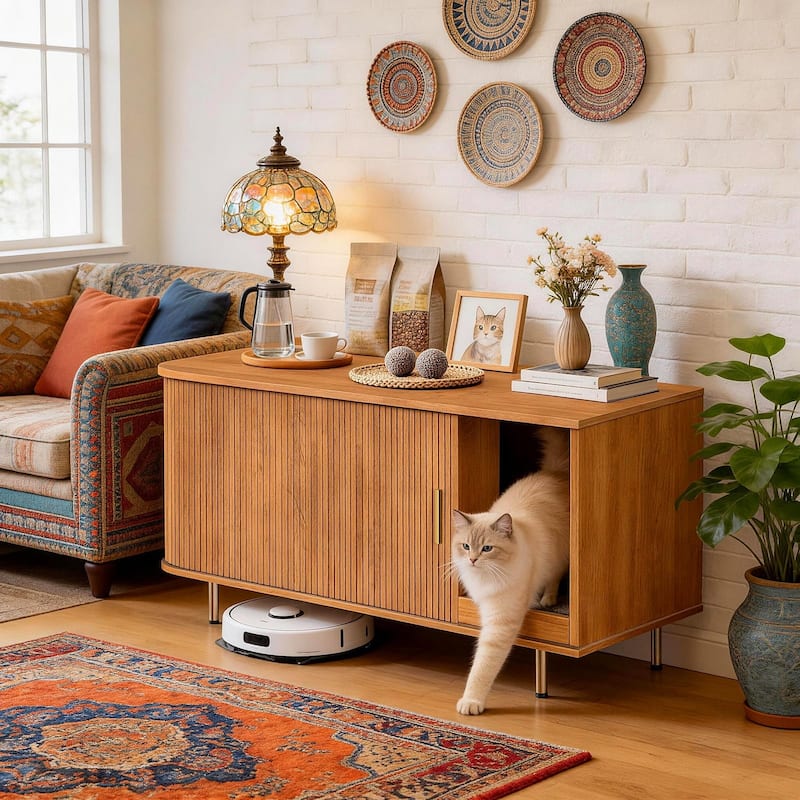 38.5" Cat Litter Box Enclosure with Scratch Pad and Sliding Door,Cat Hidden Litter Box Cabinet,Modern Indoor Cat House,TV Stand - Yellow Walnut