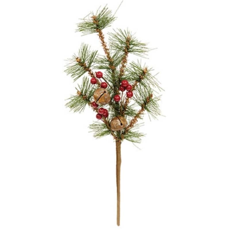Green Brown and Red Pine and Berries Pick with Jingle Bells for Holiday Decor - 5.50 x 3 x 14 in. - Red-Brown-Green