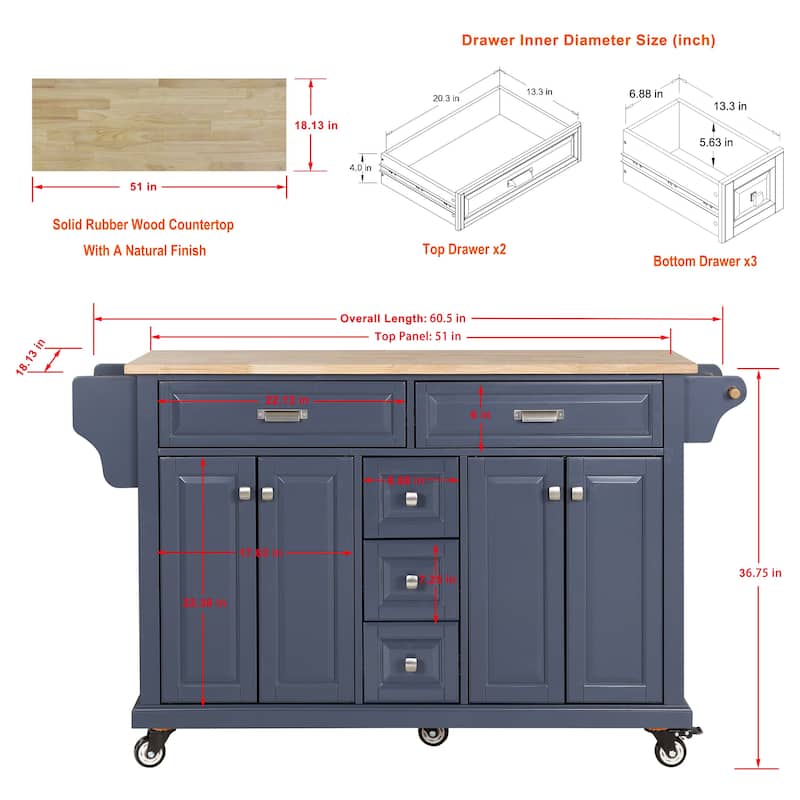 Kitchen Cabinet with Adjustable Shelves, Kitchen Island with Drawers, Kitchen Storage Cart with Built-in Spice Rack