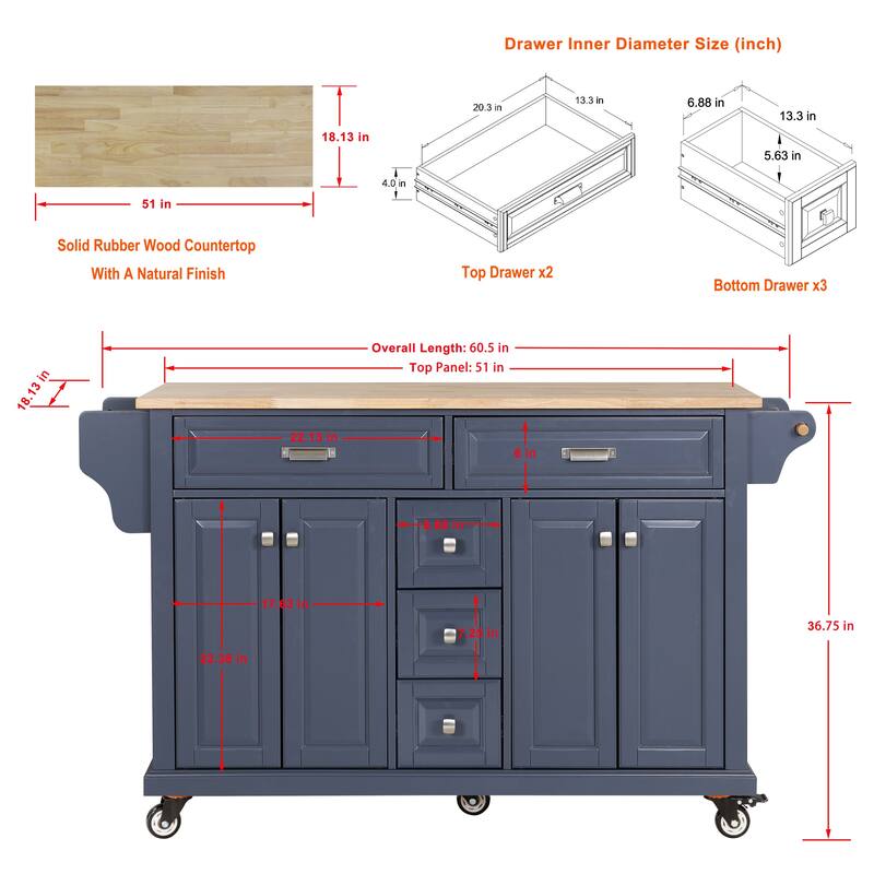 Kitchen Island with Rubber wood Countertop, Kitchen Cart on 5 Wheels with Storage Cabinet and 5 Drawers for Dinning Room
