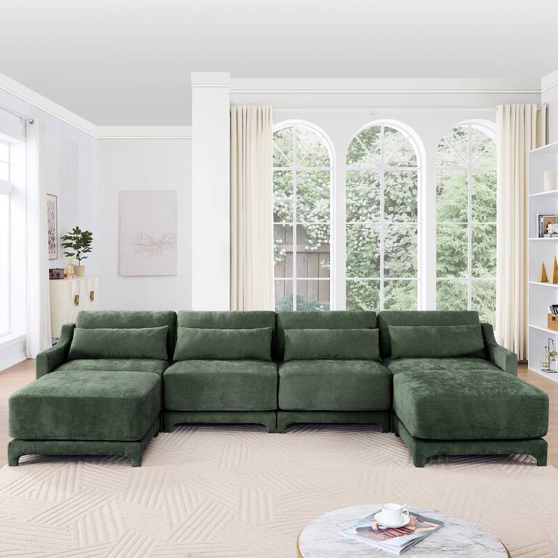 Modern Chenille 4-Seater Sofa with 2 Ottoman, Lumbar Cushions, Ergonomic Backrest, High-Resilience Spongeand Tufted Armrests