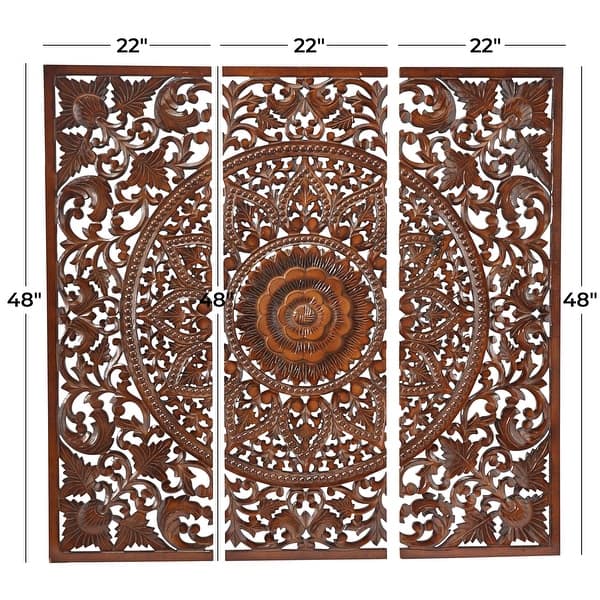 dimension image slide 0 of 4, Brown or White Wooden Handmade Intricately Carved Floral Home Wall Decor with Mandala Design (Set of 3)