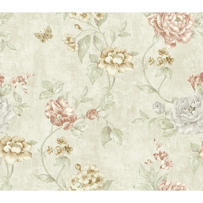 Seabrook Design Demeter Floral Trail Unpasted Wallpaper - 20.5 in W x 33 ft. L - Metallic Cream & Mauve