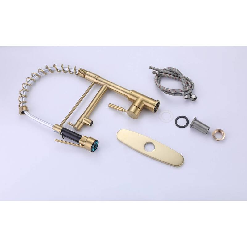 brushed gold high arc kitchen sink faucet pull down metal sprayer with deck plate and lock ring - 7'9" x 10'10"