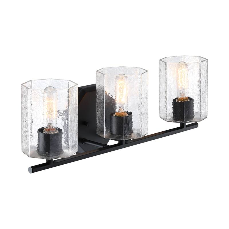 Haven 24 in. 3-Light Matte Black Vanity Light with Clear Rippled Glass Shades for Bathrooms