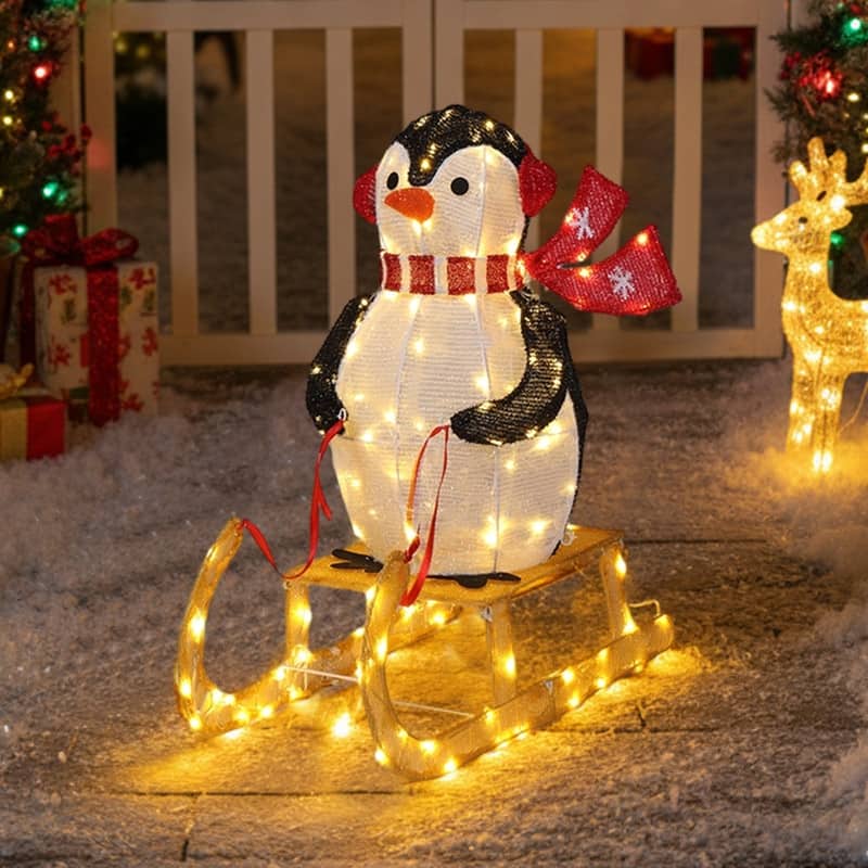 2.2FT Lighted Penguin Riding Sleigh Christmas Decorations