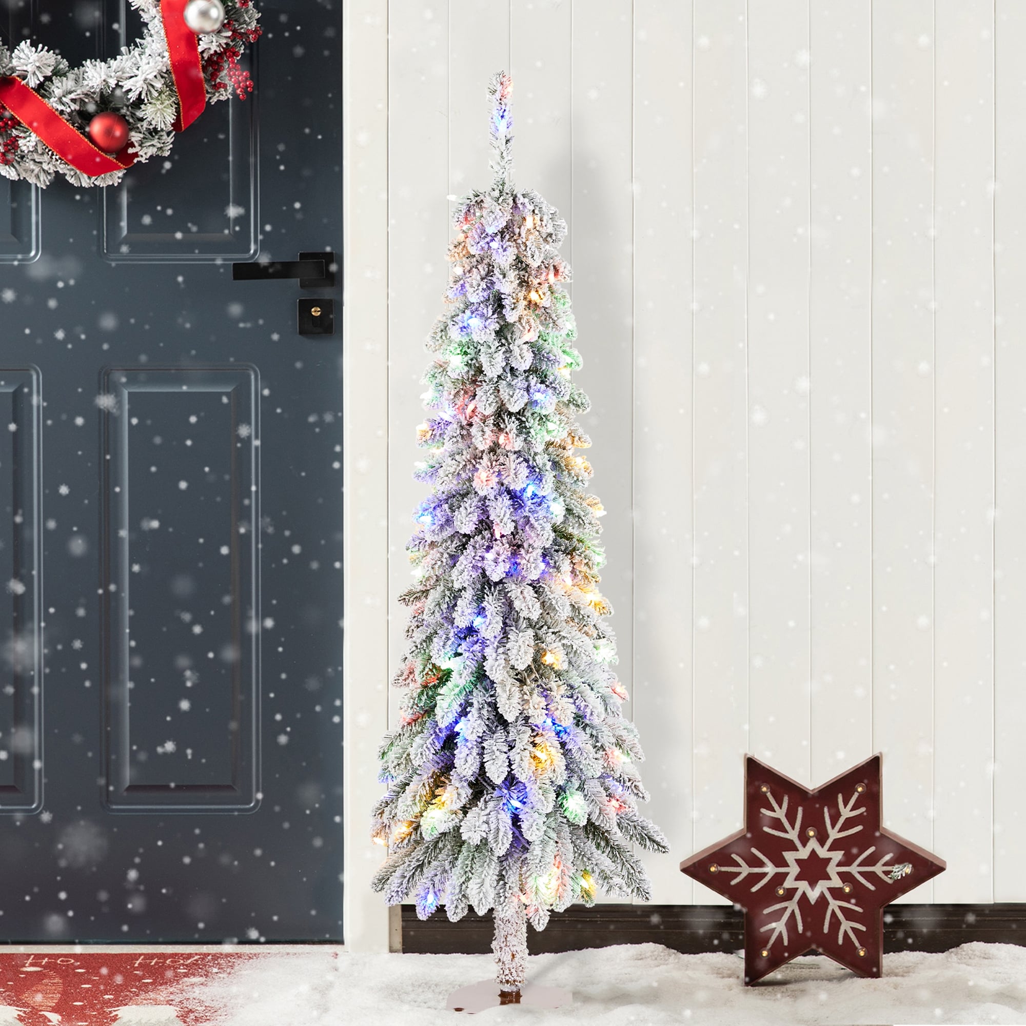  Glitzhome 4.5/6/7.5ft Pre-Lit Pencil Slim Artificial Multicolored Lights Christmas Tree with Snow Flocked Branches and Base